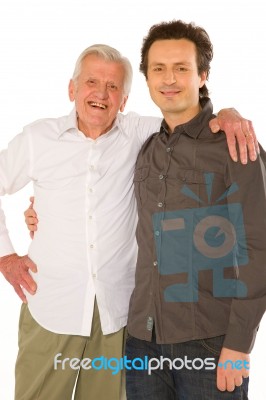 Eldery Father Granfather And Son Standing  On White Backgraund Stock Photo