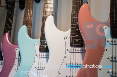 Electric Guitars On Display In A Music Shop Stock Photo