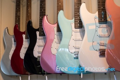 Electric Guitars On Display In A Music Shop Stock Photo