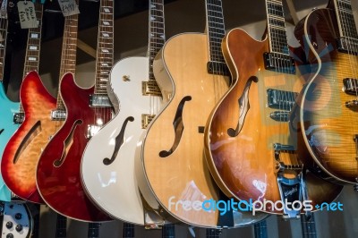 Electric Guitars On Display In A Music Shop Stock Photo