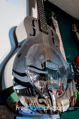 Electric Guitars On Display In A Music Shop Stock Photo