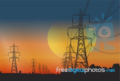 Electricity Pylons At Sunset Stock Image