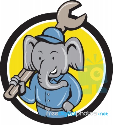 Elephant Mechanic Spanner Shoulder Circle Cartoo Stock Image