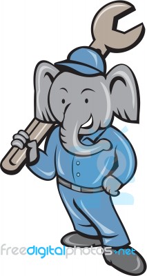 Elephant Mechanic Spanner Standing Cartoon Stock Image