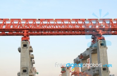 Elevated Rail Track On Large Columns At Construction Site Stock Photo
