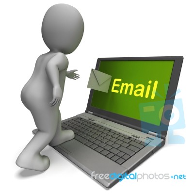 Email Character On Laptop Shows Contact Mailing Or Correspondenc… Stock Image
