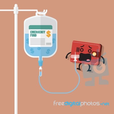 Emergency Fund In Saline Bag With Wallet Character Stock Image