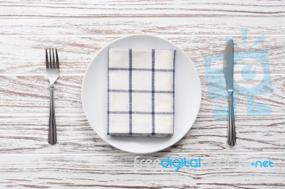 Empty Plate Napkin Fork Knife Silverware White Wooden Table Background Stock Photo