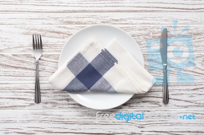 Empty Plate Napkin Fork Knife Silverware White Wooden Table Background Stock Photo