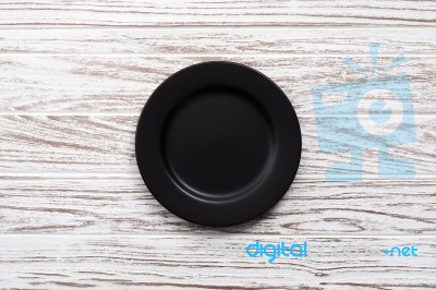 Empty Plate On White Wooden Table Background Flat Lay Stock Photo