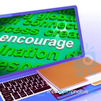 Encourage Word Cloud Laptop Shows Promote Boost Encouraged Stock Image