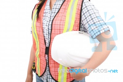 Engineer Woman Holding Helmet Stock Photo