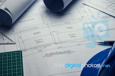 Engineering Diagram Blueprint Paper Drafting Project Sketch Arch… Stock Photo