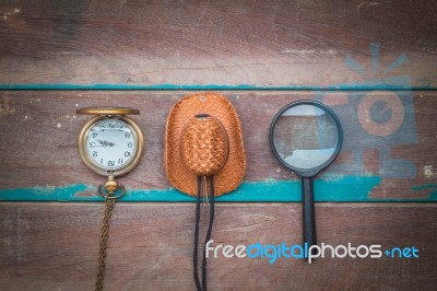 Equipment For Traveling On Wooden Stock Photo