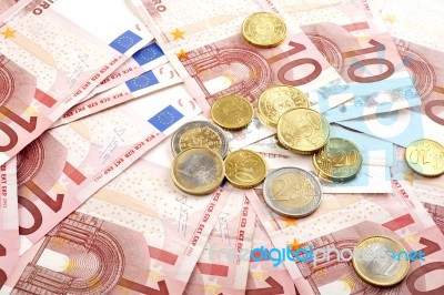 Euro Banknotes With Coin Stock Photo