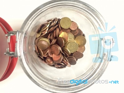 Euro Coins In A Glass Jar Stock Photo
