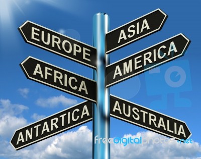 Europe Asia America Signpost Stock Image