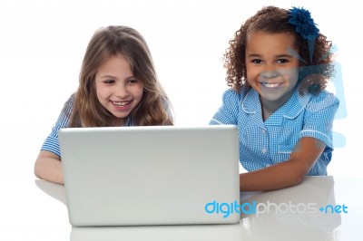 Exceited School Girls With Laptop Stock Photo