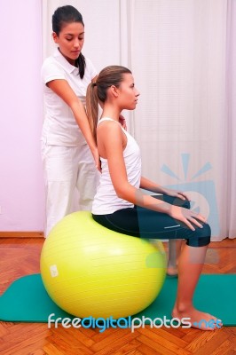 Exercises Control Basin Trunk With Bobath Ball Fitball Stabiliza… Stock Photo