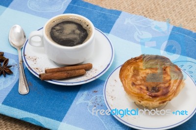 Expresso Coffee And Egg Custard Pastry Stock Photo