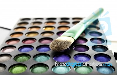 Eye Shadow Palette With Green Brush Stock Photo