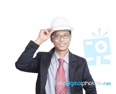 Face Of Asian Engineer Man Nice Emotion With Safety Helmet Isola… Stock Photo