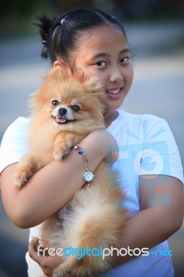Face Of Girl Holding Pomeranian Dog Stock Photo