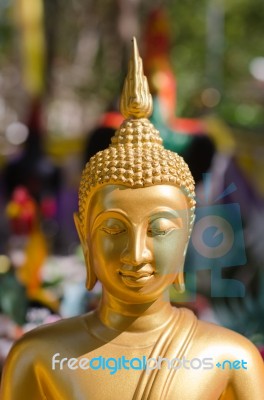 Face Of Golden Buddha Sculpture, Thailand Stock Photo