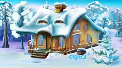 Fairy Tale House  On The Edge Of A Forest In Winter Day Stock Image