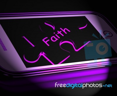 Faith Smartphone Displays Religion Belief And Follower Stock Image