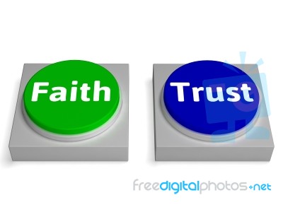 Faith Trust Buttons Shows Trusting Or Believing Stock Image