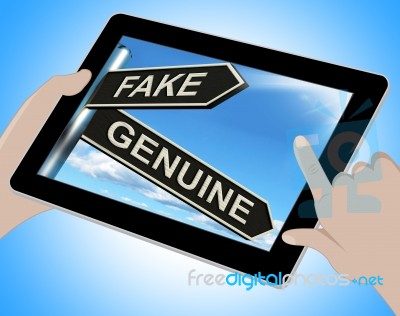 Fake Genuine Tablet Shows Imitation Or Authentic Product Stock Image