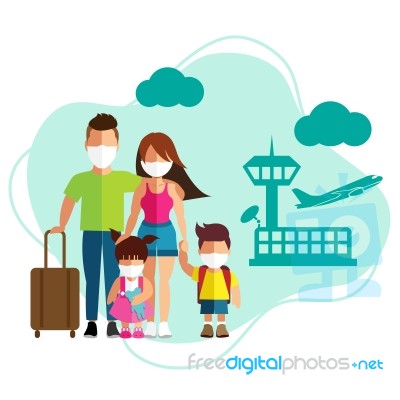 Family Tourism With Surgical Mask Face Protection At Airport Stock Image
