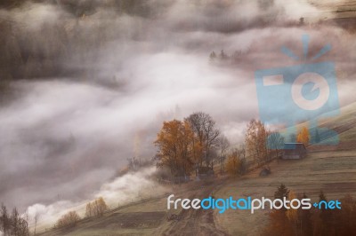 Farm On Hills In The Mountains. Waves Of Mist In A Forest Stock Photo