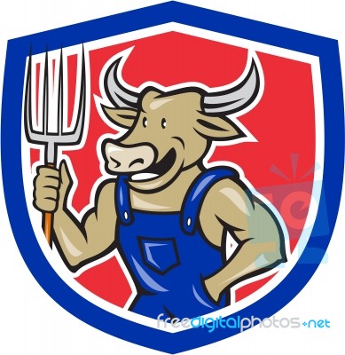 Farmer Cow Holding Pitchfork Shield Cartoon Stock Image