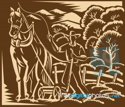 Farmer Farming Plowing With Farm Horse Woodcut Stock Image