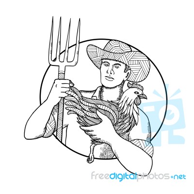 Farmer Holding Hen Pitchfork Zentagle Stock Image