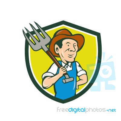 Farmer Holding Pitchfork Shoulder Crest Cartoon Stock Image