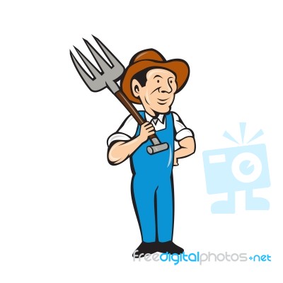 Farmer Pitchfork Shoulder Standing Cartoon Stock Image