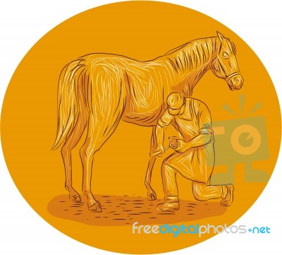 Farrier Placing Shoe On Horse Hoof Circle Drawing Stock Image