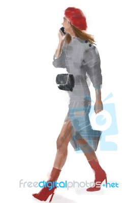 Fashion Woman Sketch.  Drawing Of A Girl On Shopping Talking On Her Mobile Phone Stock Image