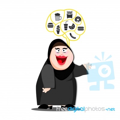Fat Muslim Woman Happy With Think With Junk Food Icon Stock Image