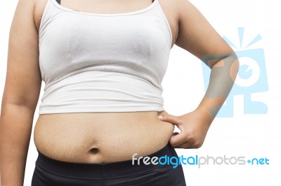 Fat Overweight Woman Pinching Her Fat Tummy Isolated On White Background Stock Photo