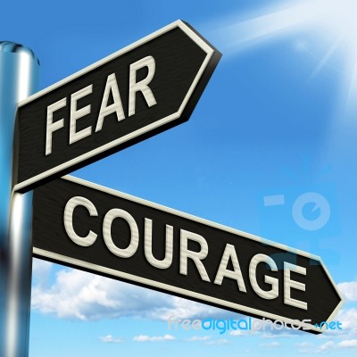 Fear Courage Signpost Shows Scared Or Courageous Stock Image