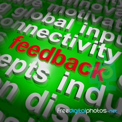 Feedback Word Cloud Shows Opinion Evaluation And Surveys Stock Image