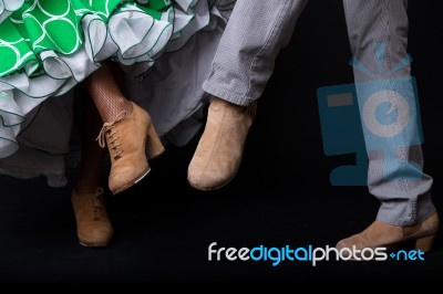 Feet Detail Of Flamenco Dancers On Black Background Stock Photo