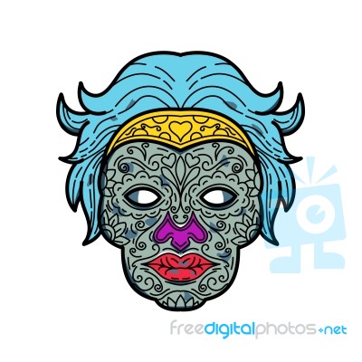 Female Calavera Sugar Skull Mono Line Stock Image