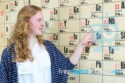 Female Dutch Student Pointing At Wall Chart With Periodic Table Stock Photo
