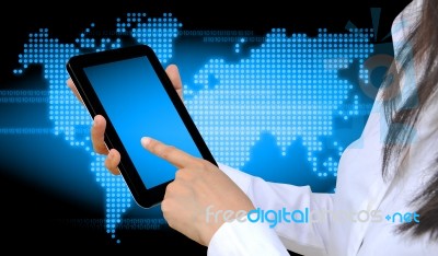 Female Hand Pressing Tablet Pc Stock Photo