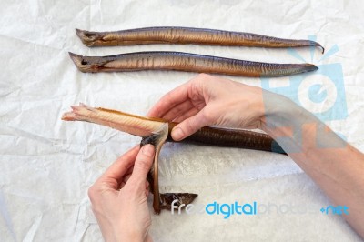 Female Hands Removing Skin Preparing Eel Fish Stock Photo